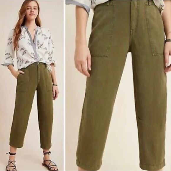 Anthropologie Audra Linen Blend Relaxed Comfy Ankle Utility Pants Womens 25 - Picture 1 of 13